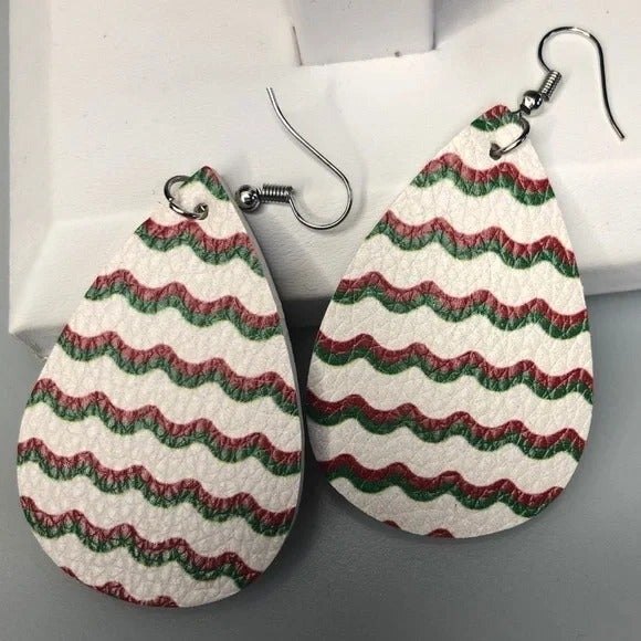 White Leather Wavy Teardrop Earrings Green Red White - Picture 2 of 5